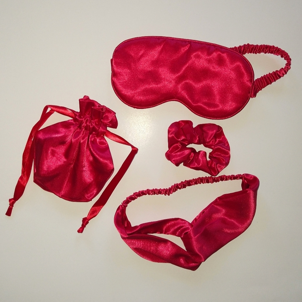 Women 4Pcs Set Red Faux Silk Blindfold Sleeping Mask| Scrunchie| Headband| Bag